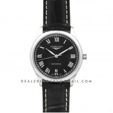 The Longines Master Collection Black Dial in Steel on Black Leather Strap