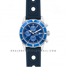 Superocean Heritage II Chronograph 46 Blue Dial in Steel with Blue Bezel on Rubber Strap