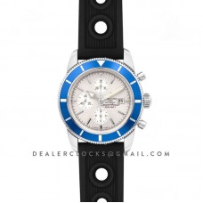 Superocean Heritage II Chronograph 46 Silver Dial in Steel with Blue Bezel on Rubber Strap
