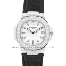 Nautilus Jumbo 5711 White/Black Dial in Steel with Paved Diamonds on Strap