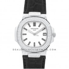 Nautilus Jumbo 5711 White Dial in Steel with Paved Diamonds on Strap