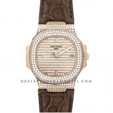 Nautilus Jumbo 5711 Diamond Dial in Rose Gold with Paved Diamonds on Strap Nautilus Jumbo 5711 Diamond Dial in Rose Gold with Paved Diamonds on Strap