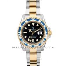 GMT Master II 116758SA Black Dial in Yellow Gold/Steel with Blue/White Paved Diamonds
