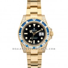 GMT Master II 116758SA Black Dial in Yellow Gold with Blue/White Paved Diamonds