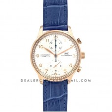 Portugieser Chronograph Automatic White Dial in Rose Gold on Blue Leather Strap
