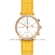 Portugieser Chronograph Automatic White Dial in Rose Gold on Yellow Leather Strap