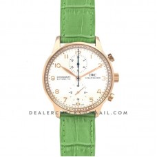 Portugieser Chronograph Automatic White Dial in Rose Gold on Green Leather Strap
