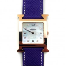 Heure H Rose Gold with Diamond Markers on Purple Epsom Leather Strap