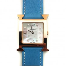 Heure H Rose Gold with Diamond Markers on Light Blue Fjord Leather Strap