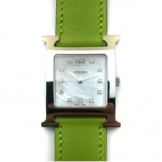 Heure H Steel with Diamond Markers on Green Fjord Leather Strap