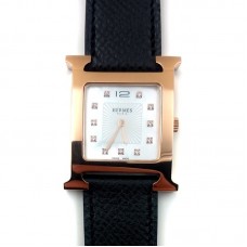 Heure H Rose Gold with Diamond Markers on Black Epsom Leather Strap