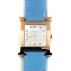Heure H Rose Gold with Diamond Markers on Light Blue Epsom Leather Strap