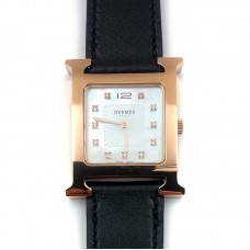 Heure H Rose Gold with Diamond Markers on Black Fjord Leather Strap