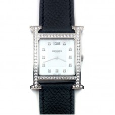 Heure H Steel with Diamond Bezel and Markers on Black Epsom Leather Strap