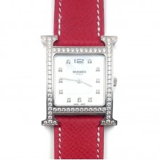 Heure H Steel with Diamond Bezel and Markers on Red Epsom Leather Strap