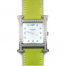 Heure H Steel with Diamond Bezel and Markers on Green Epsom Leather Strap