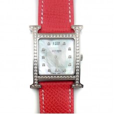 Heure H Steel with Diamond Bezel and Markers on Vermilion Epsom Leather Strap