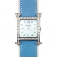 Heure H Steel with Diamond Bezel and Markers on Light Blue Fjord Leather Strap