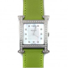 Heure H Steel with Diamond Bezel and Markers on Green Fjord Leather Strap