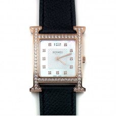 Heure H Rose Gold with Diamond Bezel and Markers on Black Epsom Leather Strap