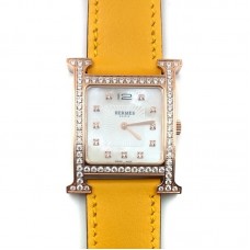 Heure H Rose Gold with Diamond Bezel and Markers on Yellow Fjord Leather Strap