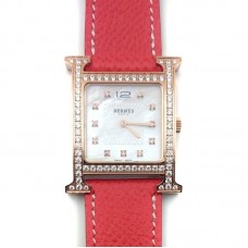 Heure H Rose Gold with Diamond Bezel and Markers on Vermilion Epsom Leather Strap