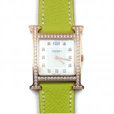 Heure H Rose Gold with Diamond Bezel and Markers on Green Epsom Leather Strap