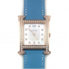 Heure H Rose Gold with Diamond Bezel and Markers on Light Blue Fjord Leather Strap