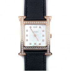 Heure H Rose Gold with Diamond Bezel and Markers on Black Fjord Leather Strap
