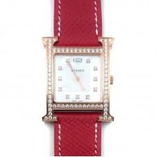Heure H Rose Gold with Diamond Bezel and Markers on Red Epsom Leather Strap