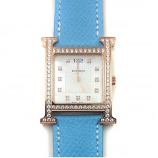 Heure H Rose Gold with Diamond Bezel and Markers on Light Blue Epsom Leather Strap